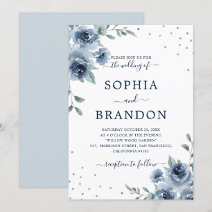 Dusty Blue Slate Floral Botanical Chic Wedding Invitation
