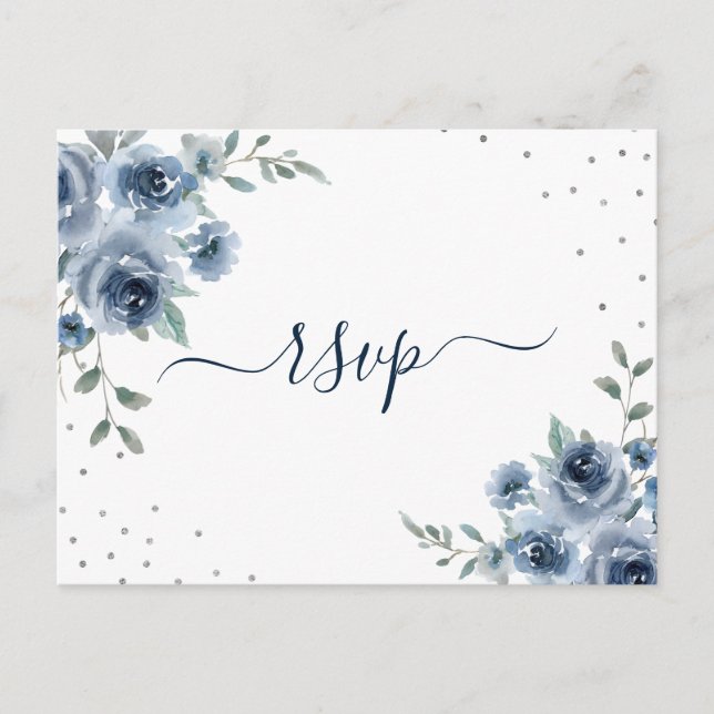 Dusty Blue Slate Floral Botanical Chic Wedding RSV Postcard (Front)