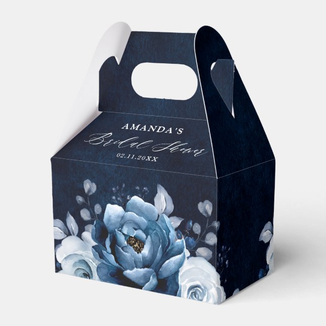 Dusty Blue Slate Navy Botanical Bridal Shower Favor Box (Back Side)