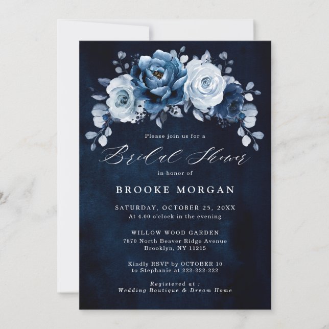 Dusty Blue Slate Navy Botanical Bridal Shower Invi Invitation (Front)
