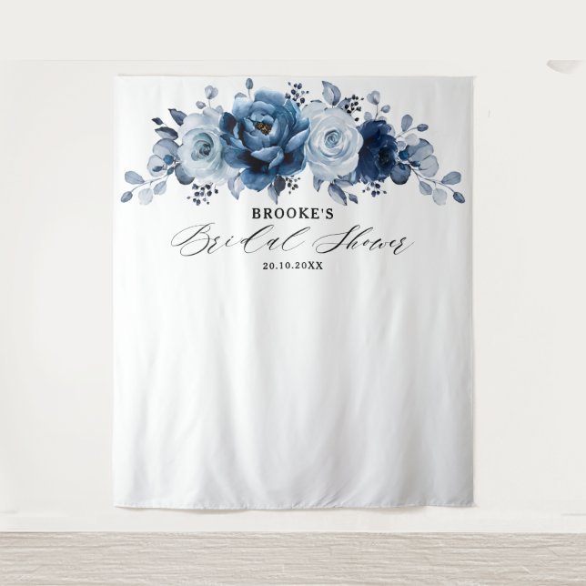 Dusty Blue Slate Navy Botanical Bridal Shower      Tapestry (Front)