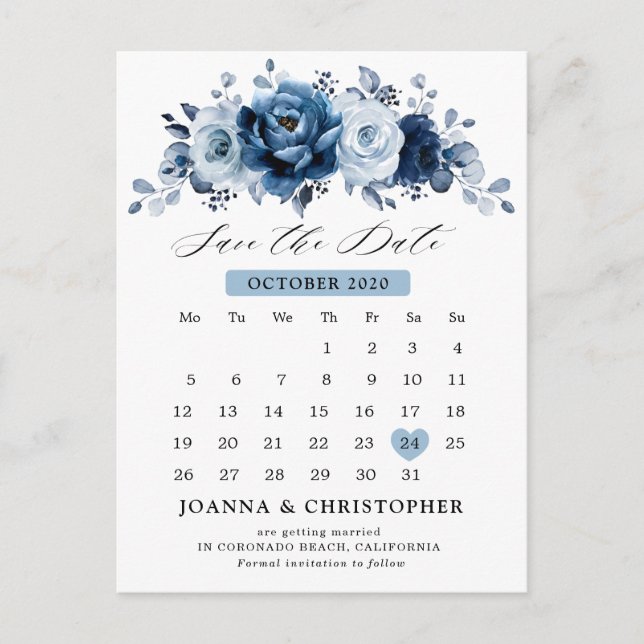 Dusty Blue Slate Navy  Botanical Save the Date Postcard (Front)