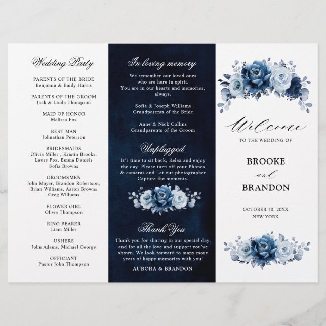 Dusty Blue Slate Navy Botanical Wedding Program (Front)