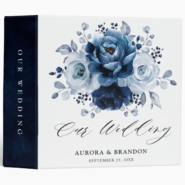 Dusty Blue Slate Navy Floral Botanical Wedding Binder (Front/Spine)