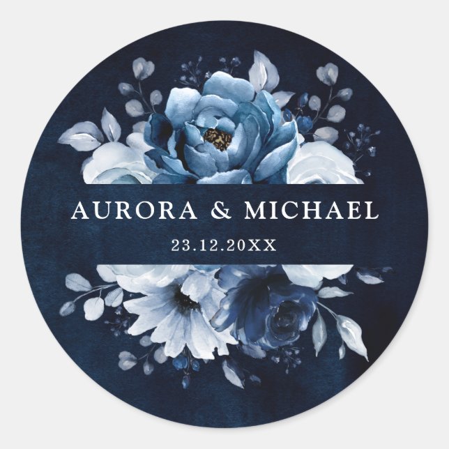 Dusty Blue Slate Navy Floral Botanical Wedding Cla Classic Round Sticker (Front)