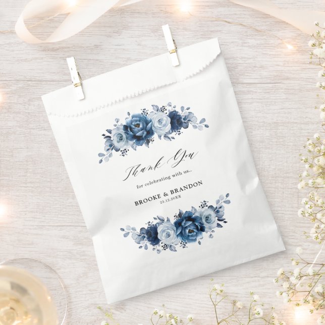 Dusty Blue Slate Navy Floral Botanical Wedding Favour Bag (Clipped)
