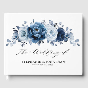 Dusty Blue Slate Navy Floral Botanical Wedding Guest Book