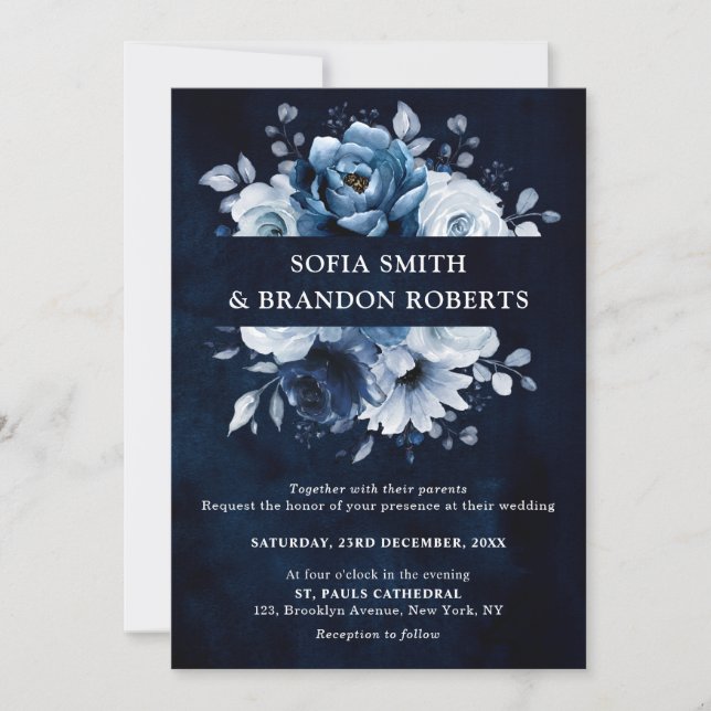 Dusty Blue Slate Navy Floral Botanical Wedding Inv Invitation (Front)