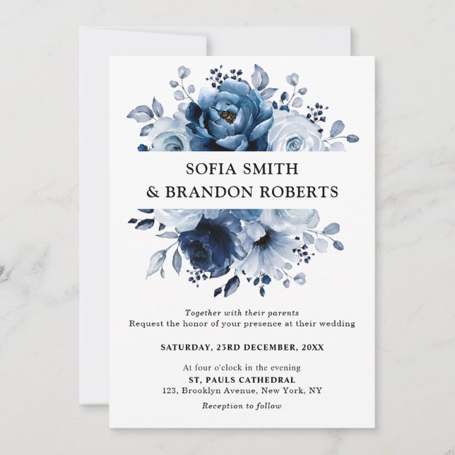 Dusty Blue Slate Navy Floral Botanical Wedding Invitation (Front)