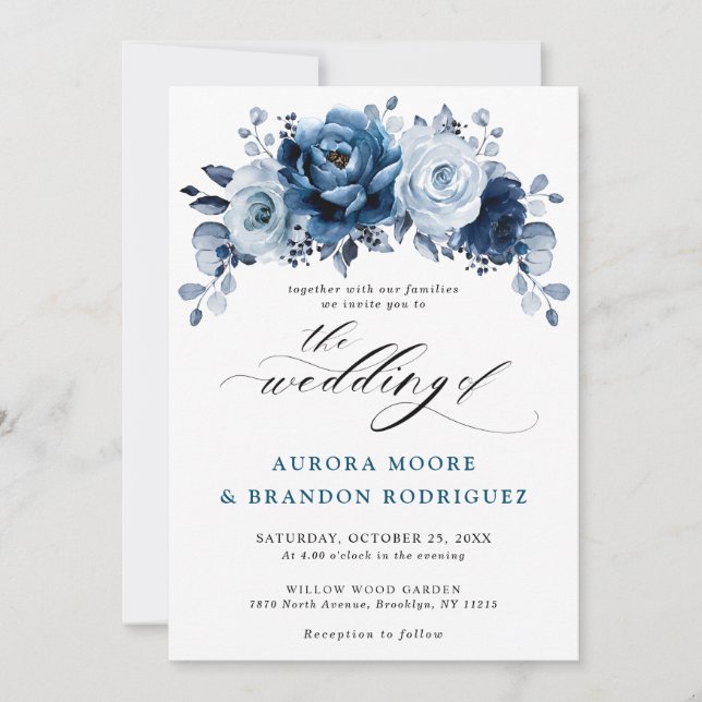 Dusty Blue Slate Navy Floral Botanical Wedding Invitation (Front)