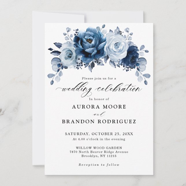 Dusty Blue Slate Navy Floral Botanical Wedding Invitation (Front)