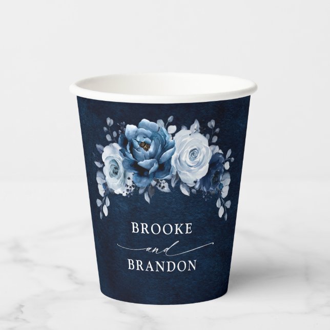 Dusty Blue Slate Navy Floral Botanical Wedding Pap Paper Cups (Front)