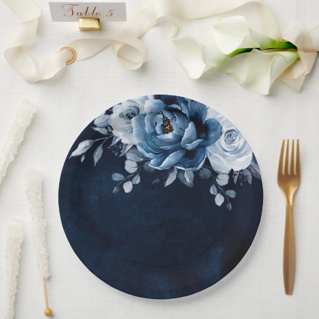 Dusty Blue Slate Navy Floral Botanical Wedding Pap Paper Plate (Wedding)