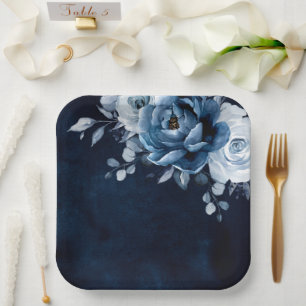 Dusty Blue Slate Navy Floral Botanical Wedding Pap Paper Plate
