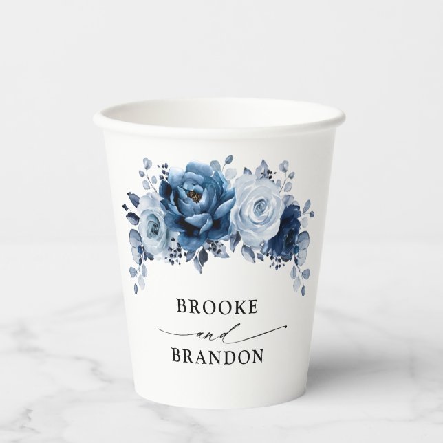 Dusty Blue Slate Navy Floral Botanical Wedding Paper Cups (Front)