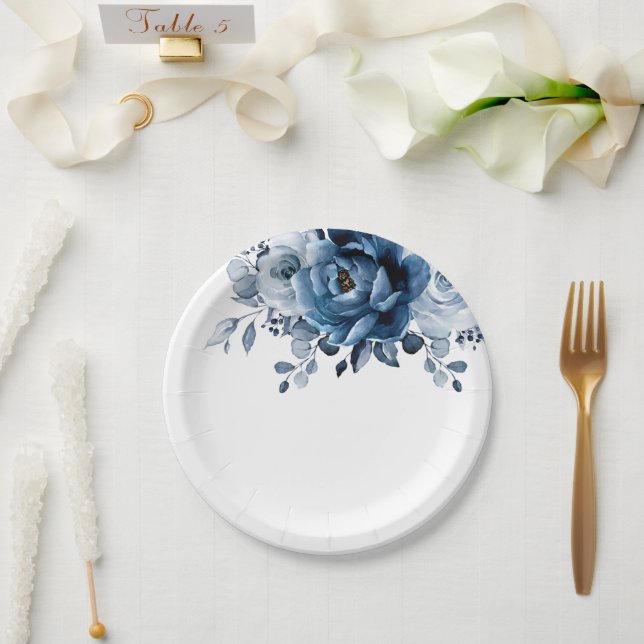 Dusty Blue Slate Navy Floral Botanical Wedding Paper Plate (Wedding)