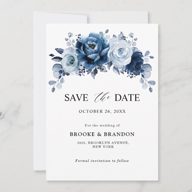 Dusty Blue Slate Navy Floral Botanical Wedding Save The Date (Front)