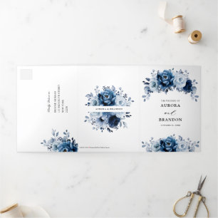 Dusty Blue Slate Navy Floral Botanical Wedding Tri Tri-Fold Announcement