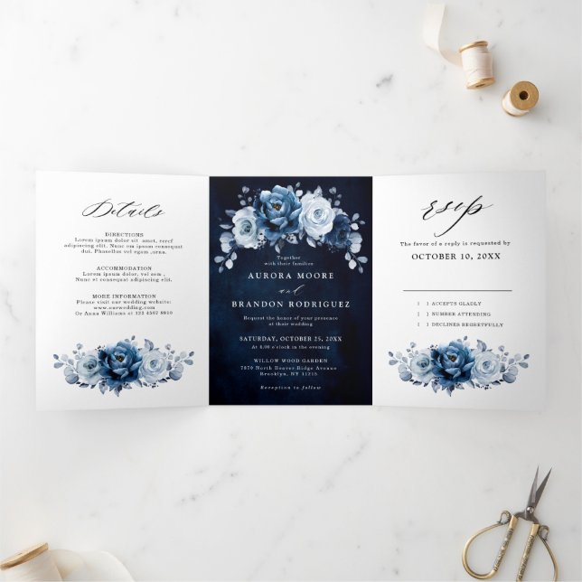 Dusty Blue Slate Navy Floral Botanical Wedding Tri Tri-Fold Announcement (Inside)