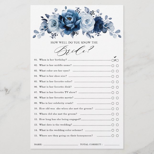 Dusty Blue Slate Navy Floral Bridal Shower game (Front)