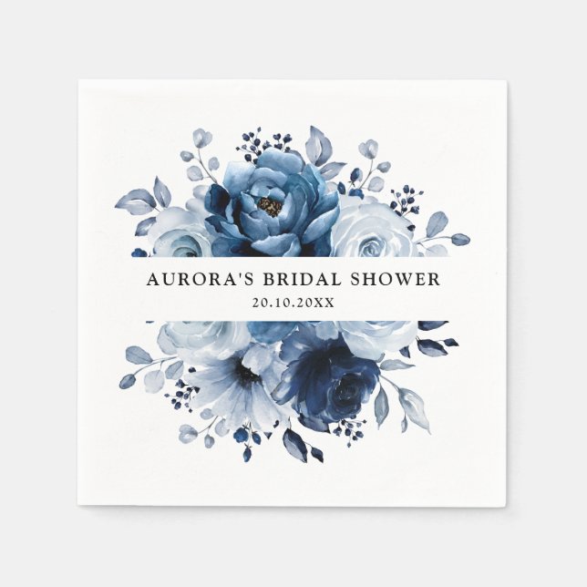 Dusty Blue Slate Navy Floral Bridal Shower Napkins (Front)
