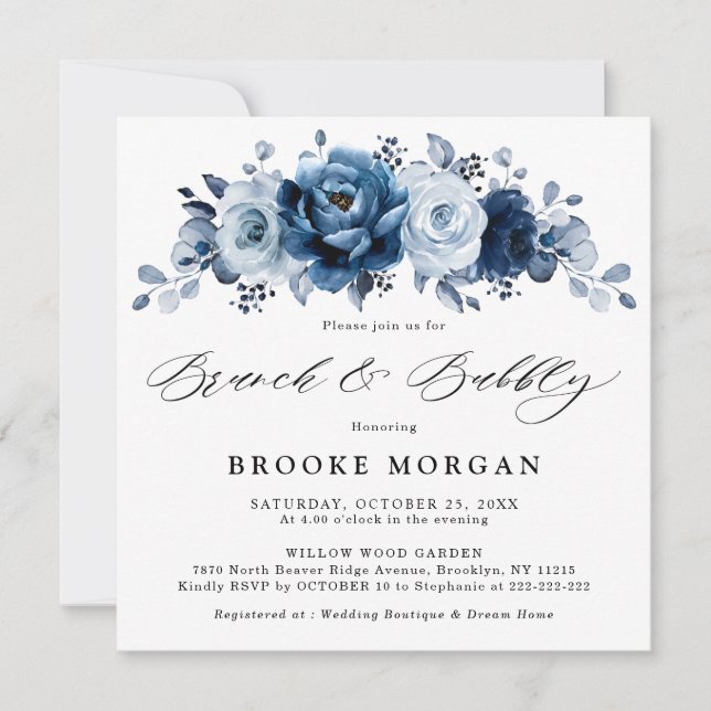 Dusty Blue Slate Navy Floral  Brunch and Bubbly Invitation (Front)