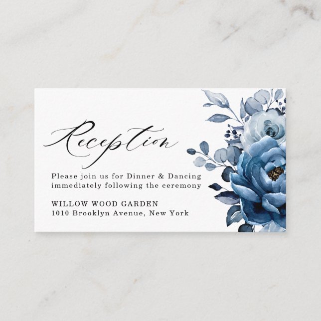 Dusty Blue Slate Navy Floral Wedding Reception Enclosure Card (Front)