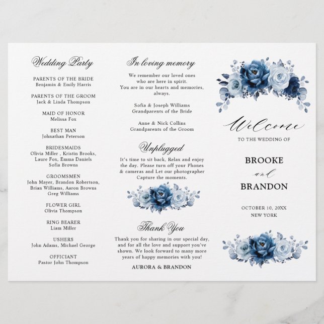 Dusty Blue Slate Navy Programme de mariage botaniq (Devant)