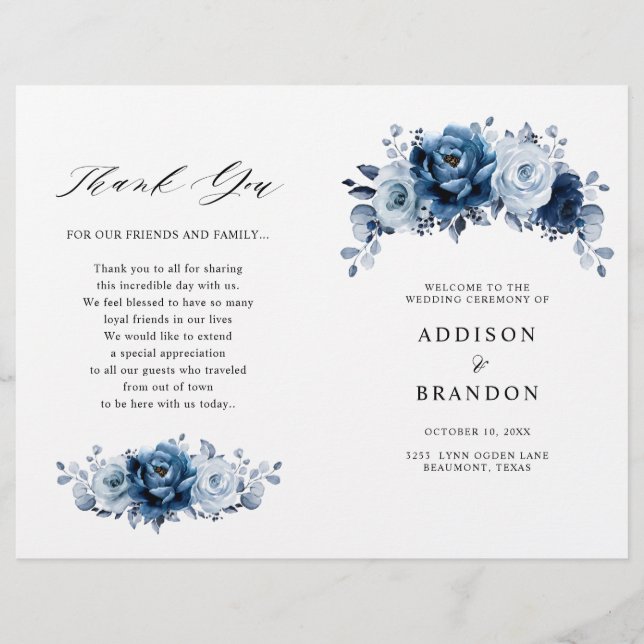 Dusty Blue Slate Navy Programme de mariage botaniq (Devant)