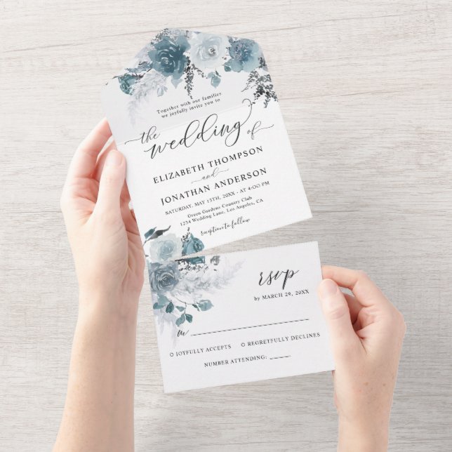 Dusty Blue Slate Pastel Light Wedding Details RSVP All In One Invitation (Tearaway)