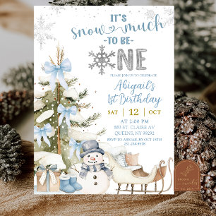 Dusty Blue Snow Much Fun To Be One Birthday Invitation