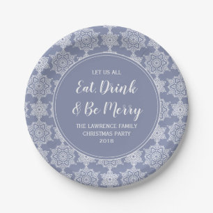 Dusty Blue Snowflake Eat Drink Christmas Party Paper Plate