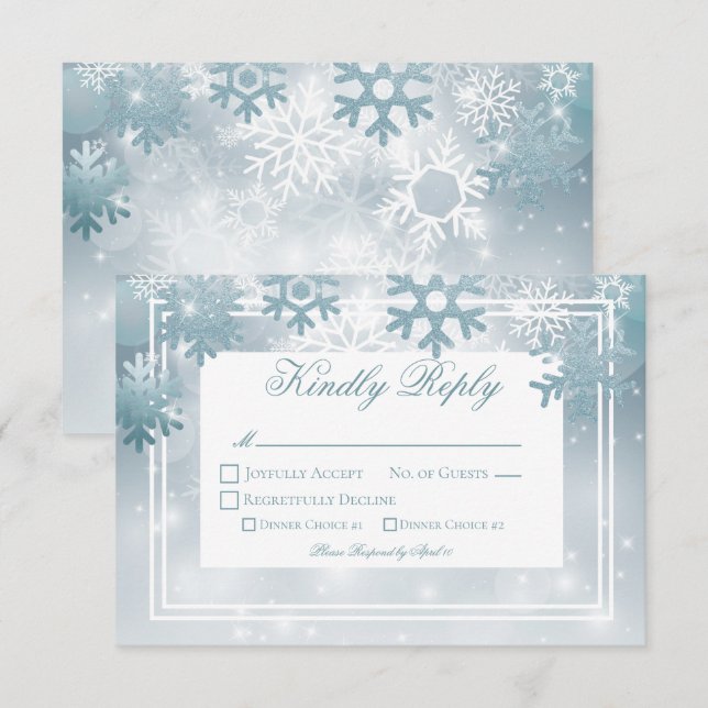 Dusty Blue Snowflake Modern Wedding RSVP Card (Front/Back)