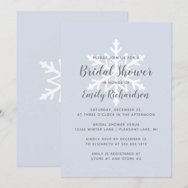 Dusty Blue Snowflake Winter Bridal Shower Invitation (Front/Back)