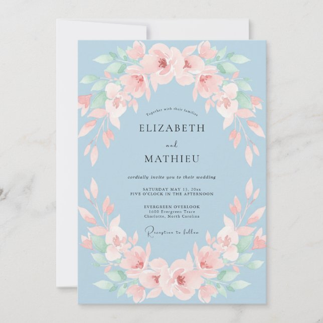 Dusty Blue Soft Blossom Wedding Invitation (Front)