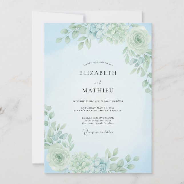 Dusty Blue Soft Botanical Wedding Invitation (Front)