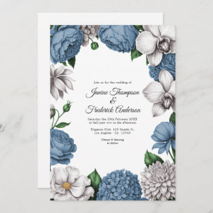 Dusty Blue & Soft Grey Watercolor Floral Wedding Invitation