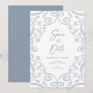 Dusty Blue Soft Silver Glitter Floral Lace Wedding Save The Date