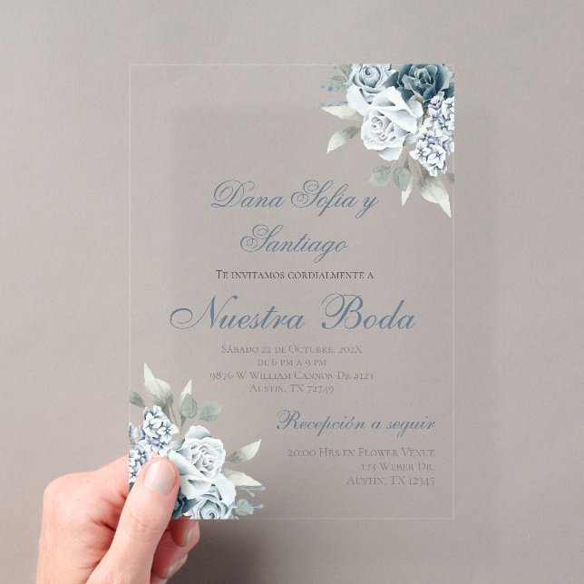 Dusty Blue Spanish Wedding Acrylic invitation (Insitu (Handheld))
