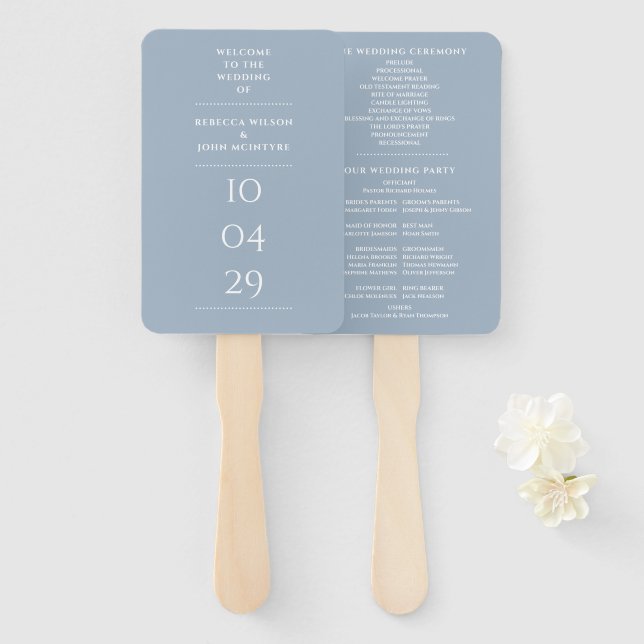 Dusty Blue Special Date Wedding Program Hand Fan (Front and Back)