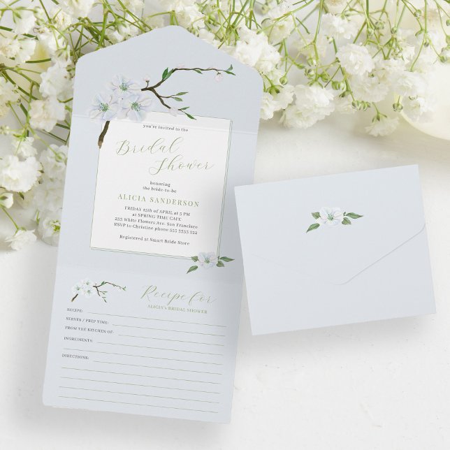 Dusty blue spring floral bridal shower with recipe all in one invitation (Creator Uploaded)