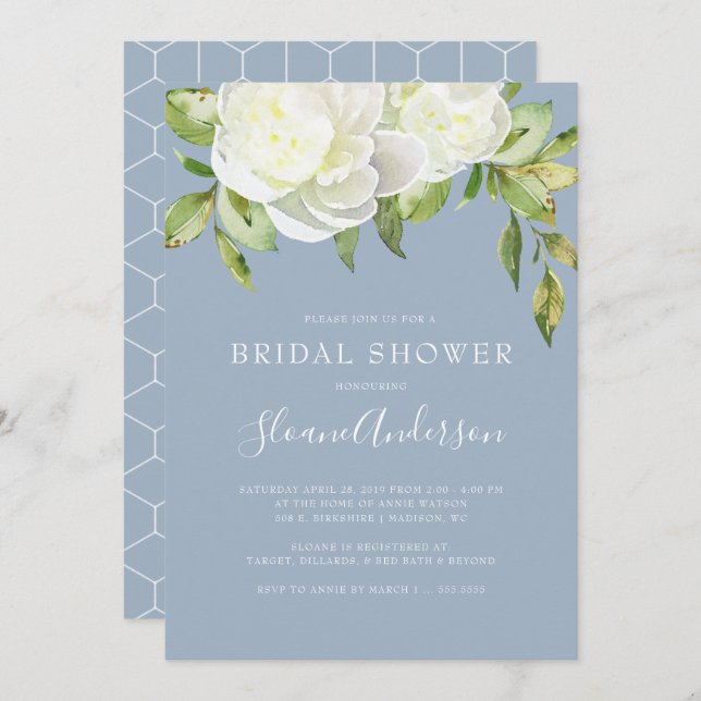 Dusty Blue Spring Floral Peony Bridal Shower Invitation (Front/Back)