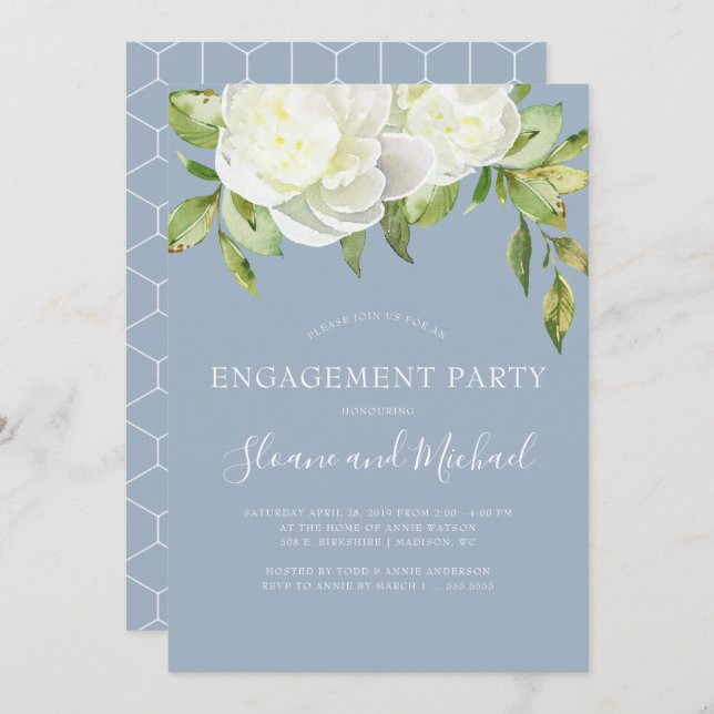 Dusty Blue Spring Floral Peony Engagement Party Invitation (Front/Back)