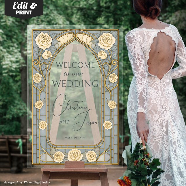 Dusty Blue Stained Glass Floral Wedding Welcome  (Dusty Blue Stained Glass Floral Wedding Welcome Acrylic Sign)