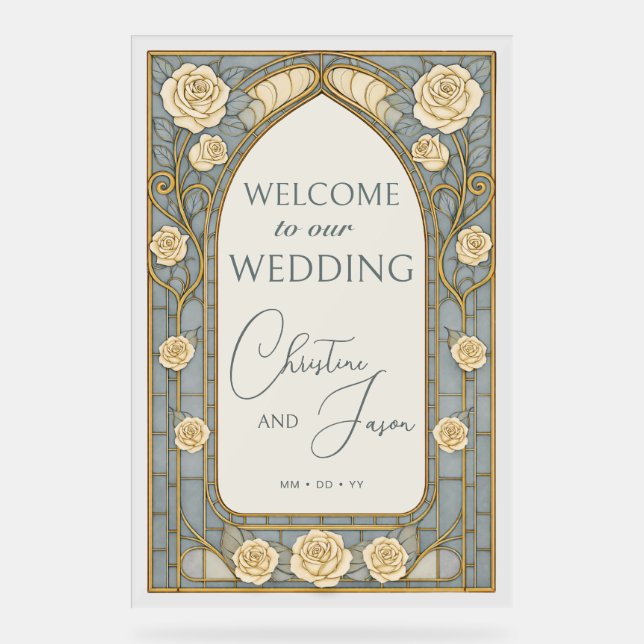 Dusty Blue Stained Glass Floral Wedding Welcome  Acrylic Sign (Front)
