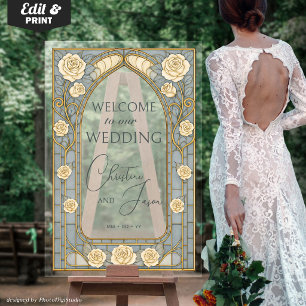 Dusty Blue Stained Glass Floral Wedding Welcome Acrylic Sign