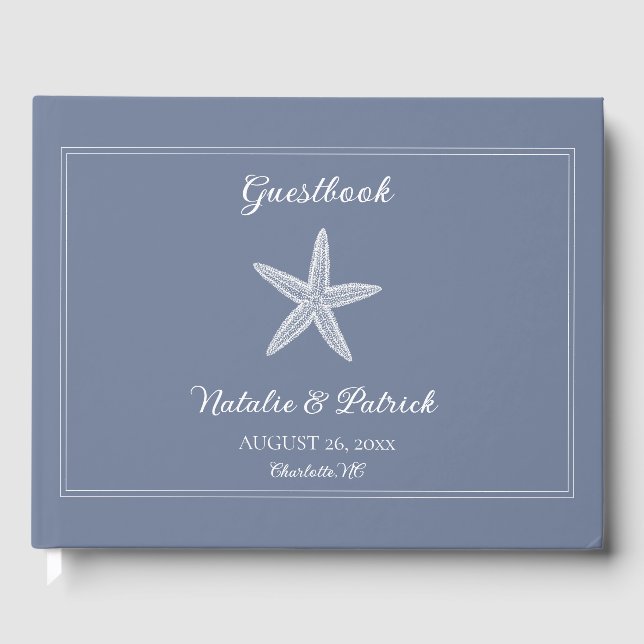 Dusty Blue Starfish Wedding Guest Book (Front)