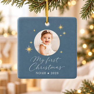 Dusty Blue Stars Baby’s First Christmas Photo Ceramic Ornament