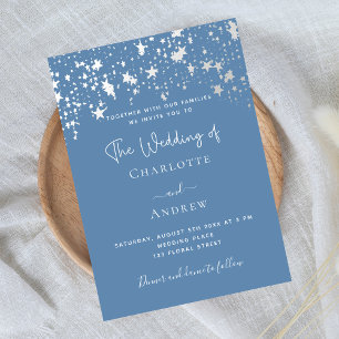 Dusty blue stars elegant script wedding invitation
