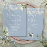 Dusty Blue String Lights Floral QR Code Wedding Invitation<br><div class="desc">This elegant dusty blue wedding invitation,  featuring pretty string lights and floral greenery,  can be personalized with your information in chic typography with your wedding website details and your QR code on the reverse. Designed by Thisisnotme©</div>